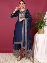 Women Blue Silk Blend Solid Yoke Design Straight Kurta Palazzos With Dupatta